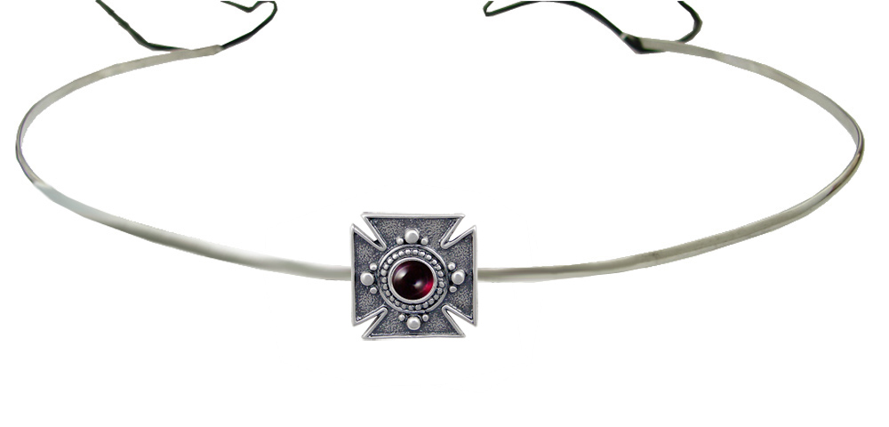 Sterling Silver Renaissance Style Medieval Cross Headpiece Circlet Tiara With Garnet